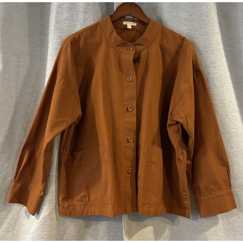 Eileen Fisher 100% Organic Cotton Orange Jacket Large Collarless Chore Coat